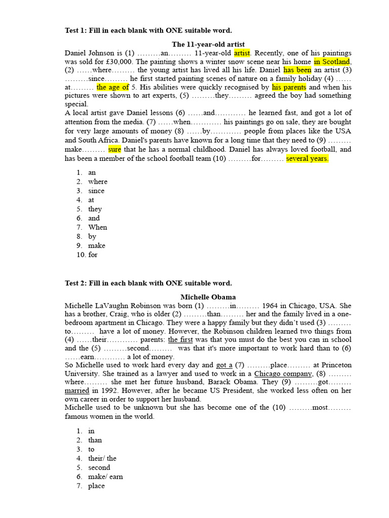 Fill in the Blanks English Tests | PDF | Michelle Obama | Uss ...