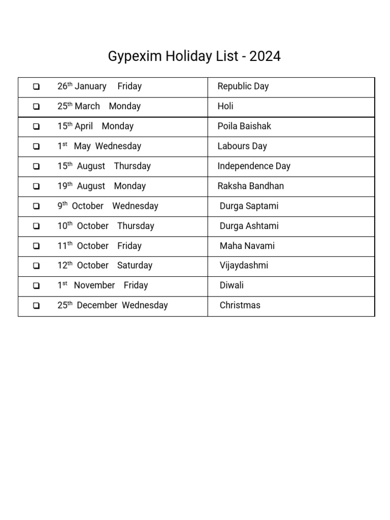 Holiday List 2024 PDF