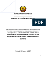 Discurso Sp-CERIMÓNIA DE DESPEDIDA DE ESTUDANTES DA XII EDIÇÃO DO PROGRAMA FÉRIAS DESENVOLVENDO O DISTRITO