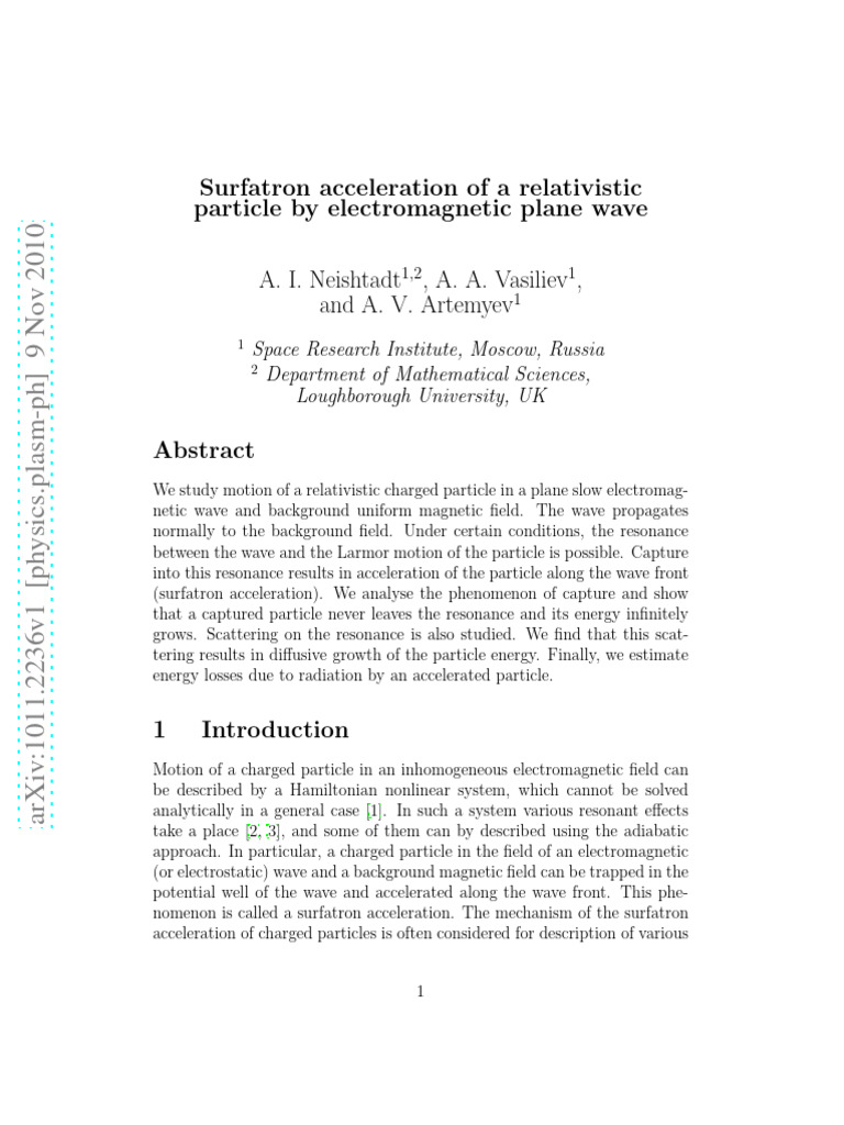 Surfatron Acceleration of Relativistic Particles | PDF | Waves ...