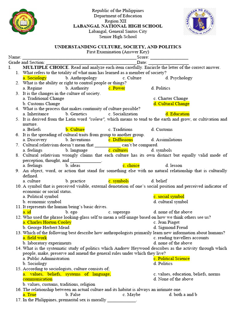 Understanding Culture Society and Politics Quarter 1 Examination | PDF ...
