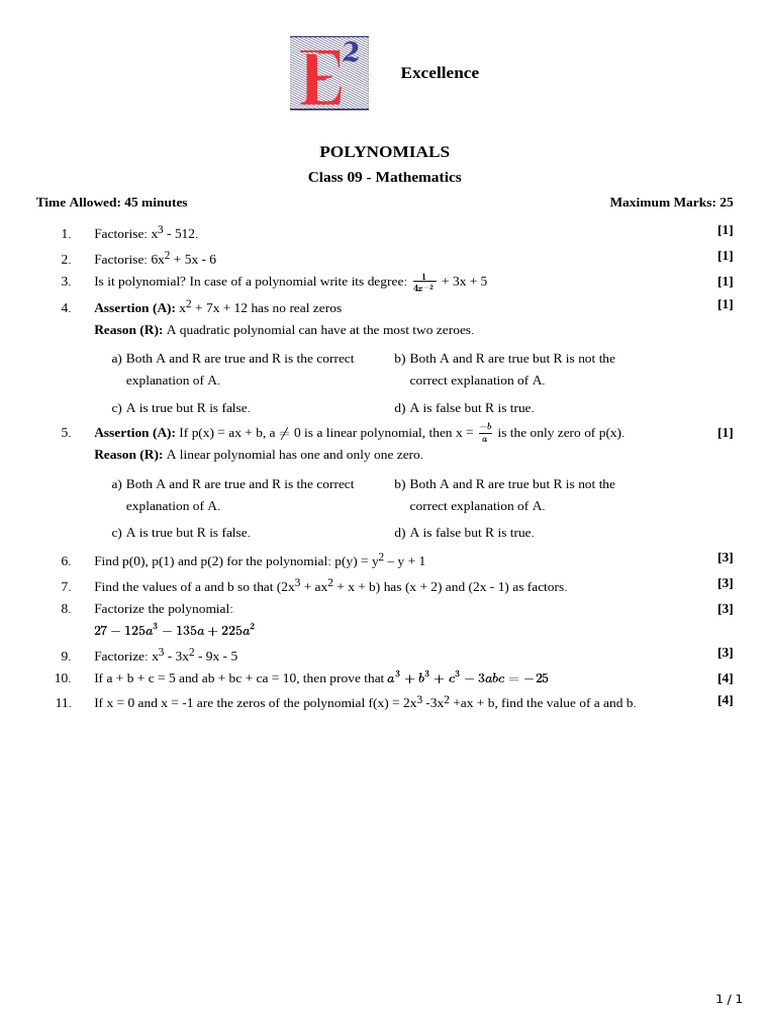Polynomials class 9 pdf factorization polynomial