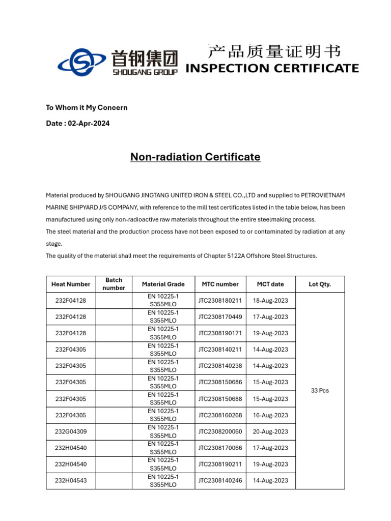 Non Radiation Certificate for Jacket_English PDF Steel Metals