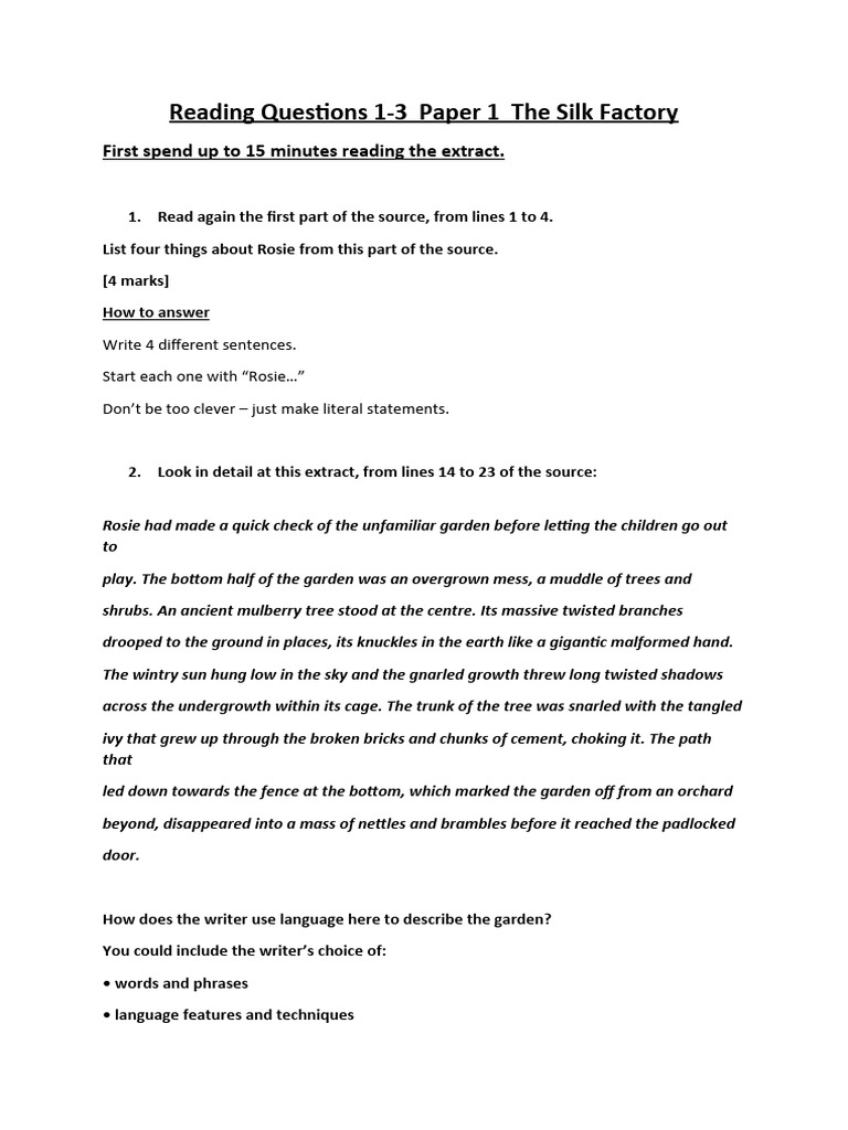 Reading Questions Paper 1 June 202 The Silk Factory Year 10 | PDF ...