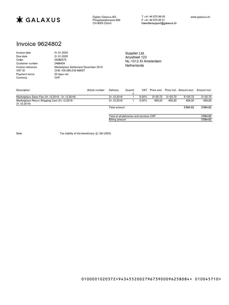 Invoice 9624802 from Digitec Galaxus AG | PDF | Value Added Tax | Invoice
