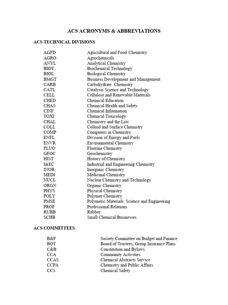 Acs Acronyms Abbreviations | PDF | Chemist | Chemistry