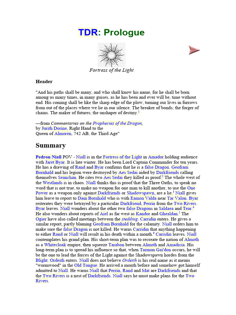TDR Prologue & Chapter Summaries | PDF | The Wheel Of Time