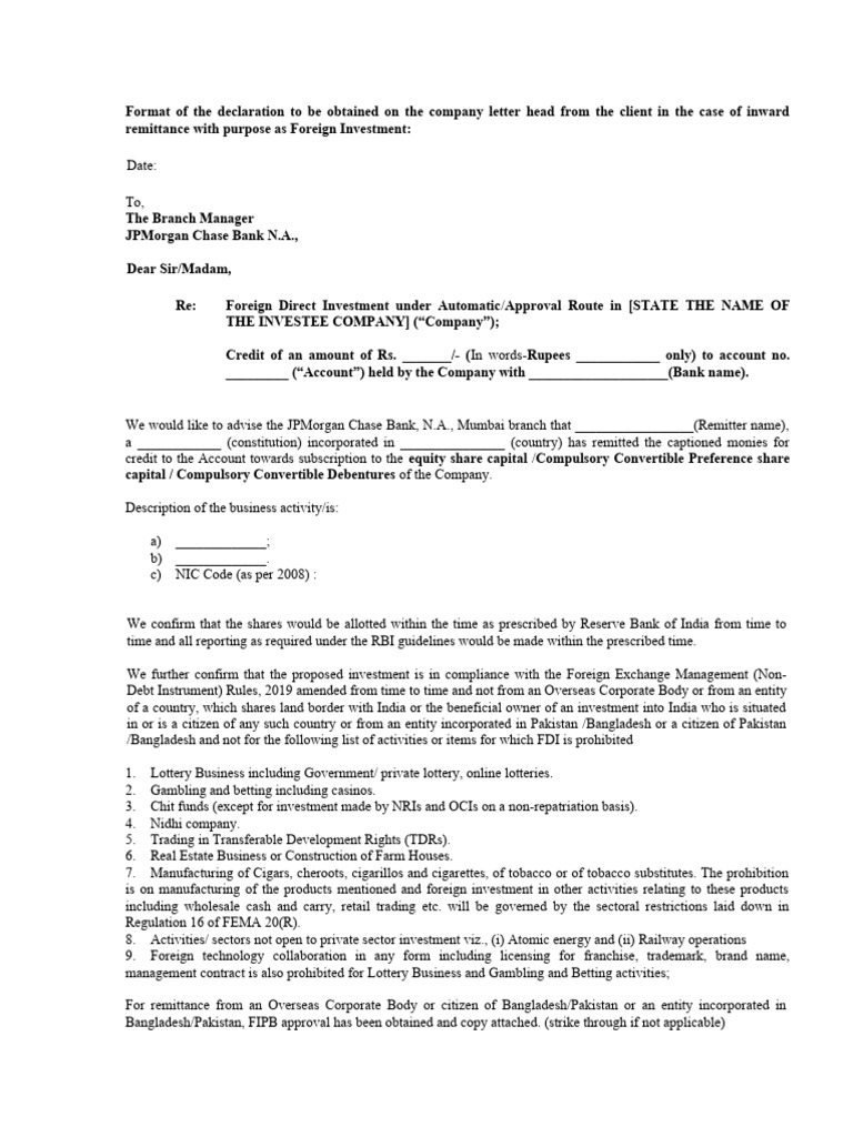 FDI Declaration Format for Inward Remittance | PDF | Foreign Direct ...