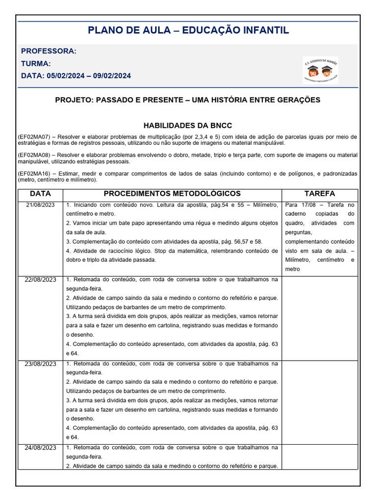 Plano de Aula: Medidas na Educação Infantil | PDF | Arte