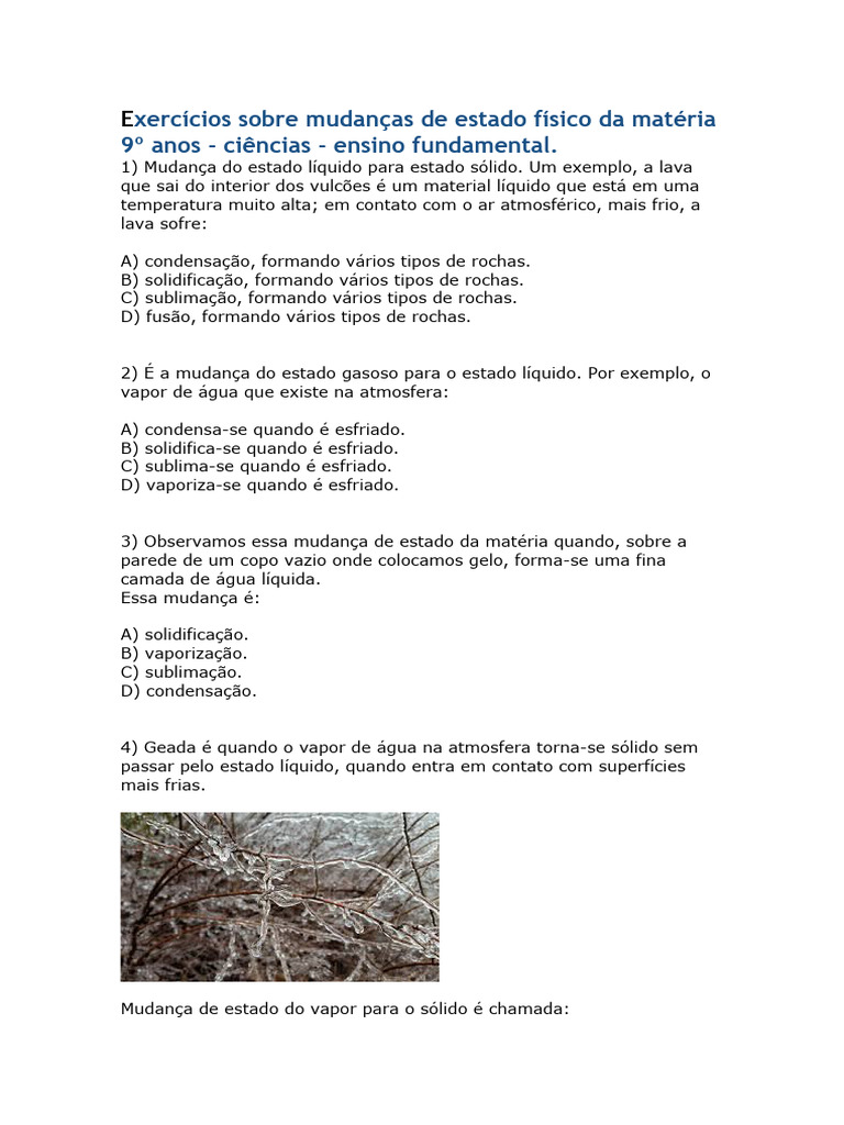 Exercícios Sobre Mudanças de Estado Físico Da Matéria 9º Anos | PDF ...