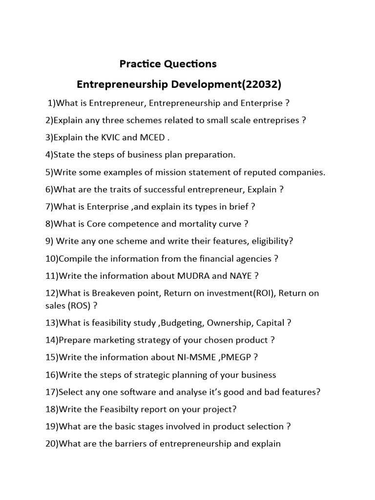 Entrepreneurship Development Practice Questions | PDF