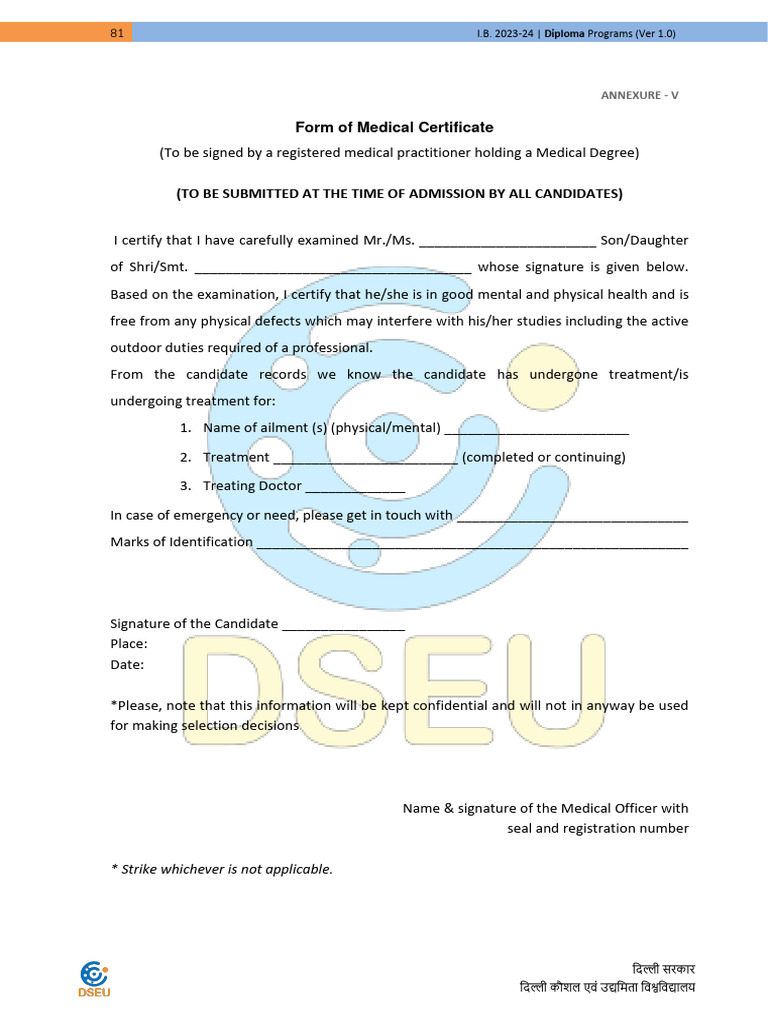 Medical Certificate Form for Admission | PDF