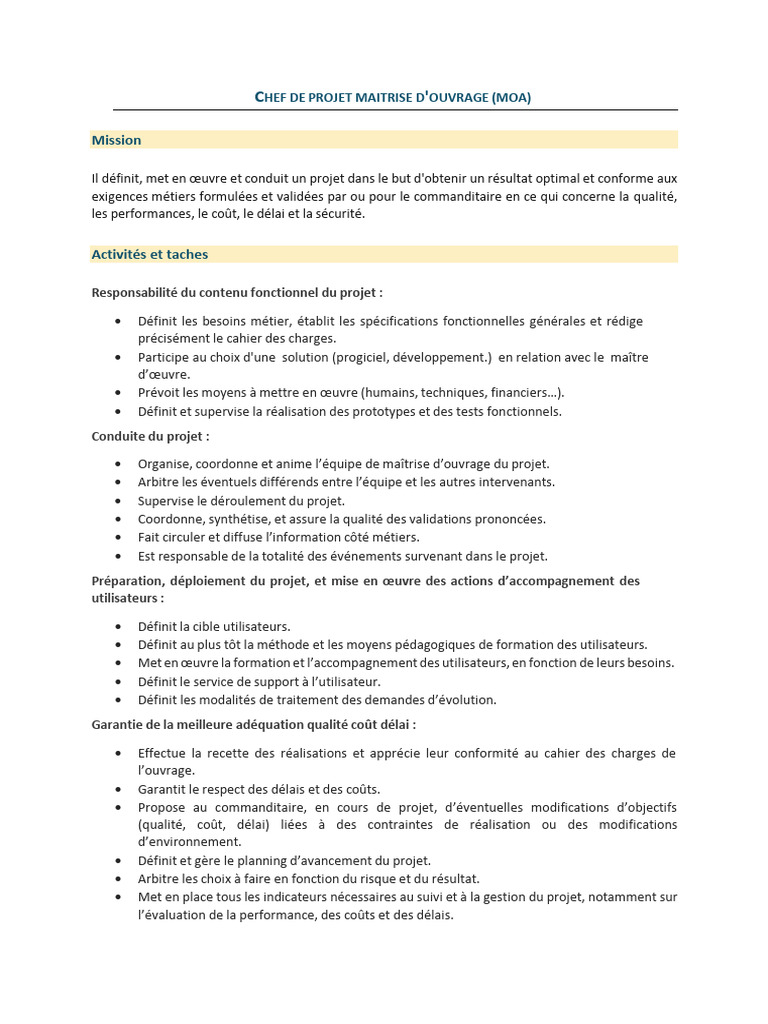 Chef de Projet Maîtrise d'Ouvrage MOA PDF Gestion de projet Chef — free download