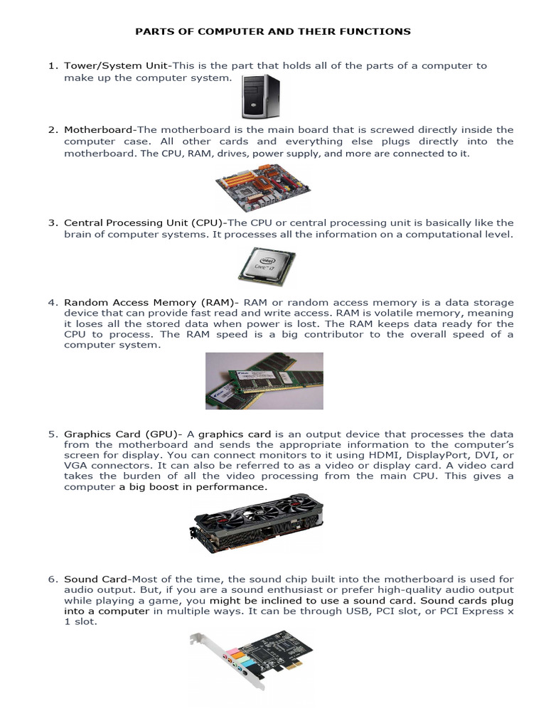 Parts of Computer and Their Functions | PDF | Random Access Memory ...