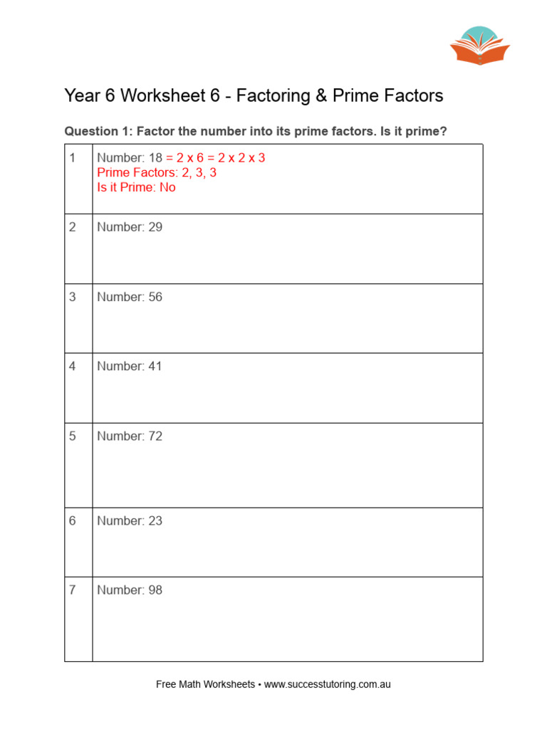 Year 6 GCF and Prime Factorization Worksheet | PDF | Mathematical ...