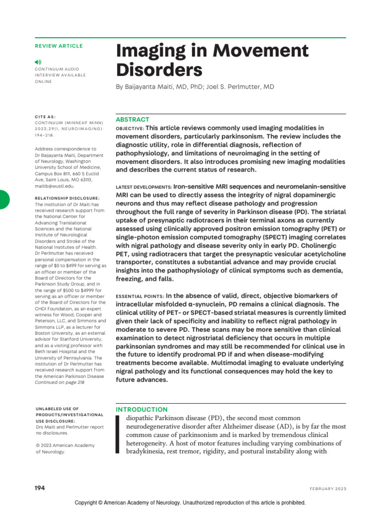 Imaging in Movement Disorders.11 | PDF | Parkinson's Disease | Positron ...