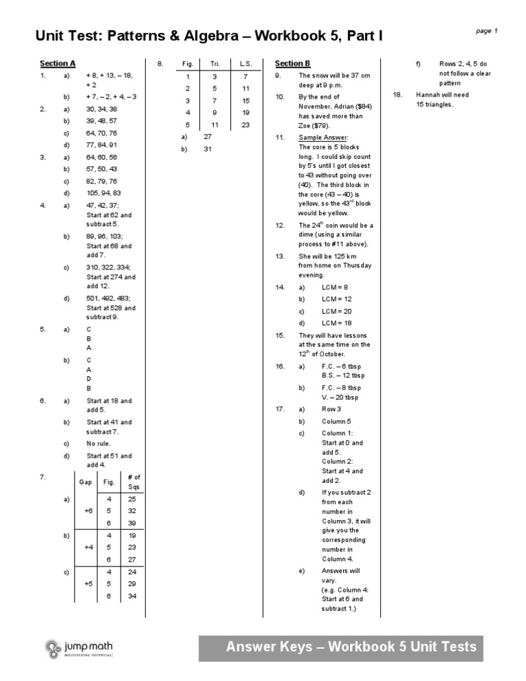 Unit Test: Patterns & Algebra - Workbook 5, Part I | PDF