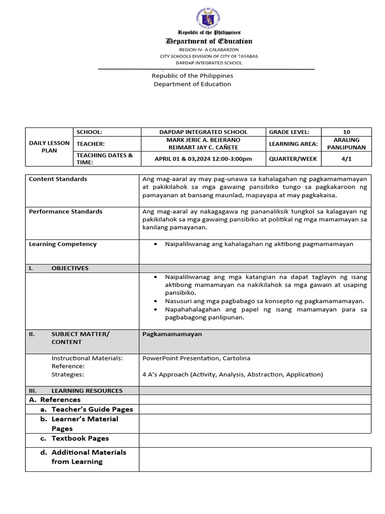 AP 10 WEEK 1 Detailed Lesson Plan 2 - 02 29 24 2 | PDF