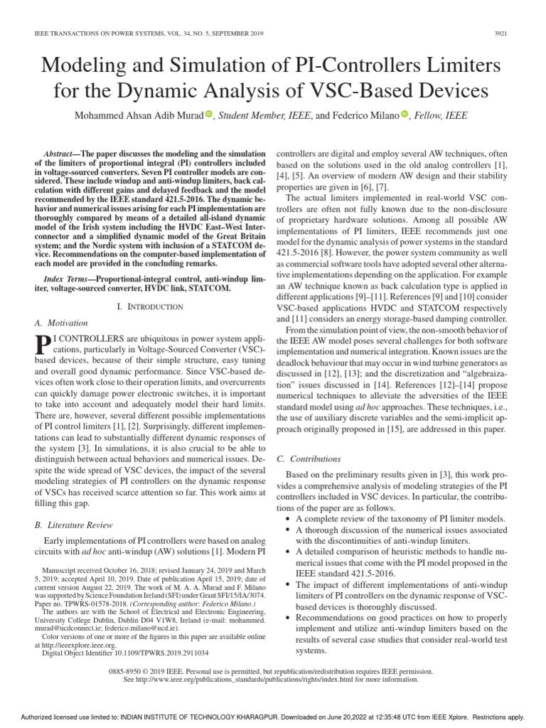 Modeling and Simulation of PI-Controllers Limiters For The Dynamic ...