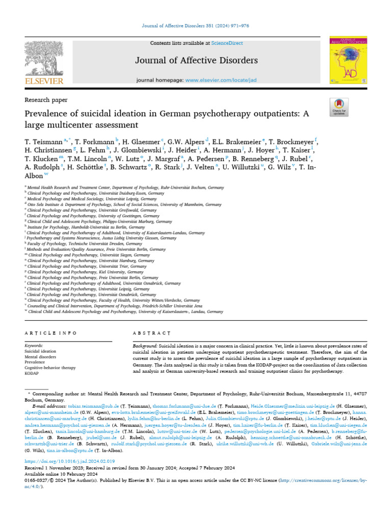 Prevalence of Suicidal Ideation in German Psychotherapy Outpatients-A ...
