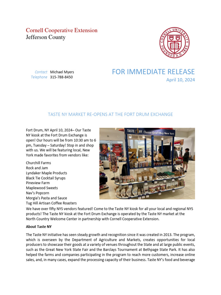Taste NY Kiosk opens at Fort Drum Exchange PDF