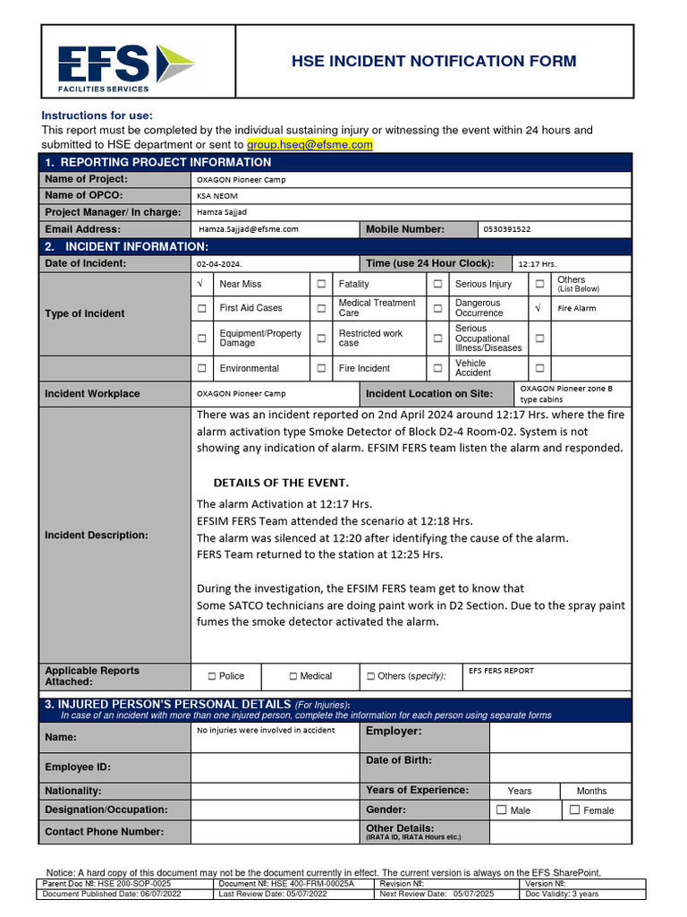 Fire Alarm Incident Report Example