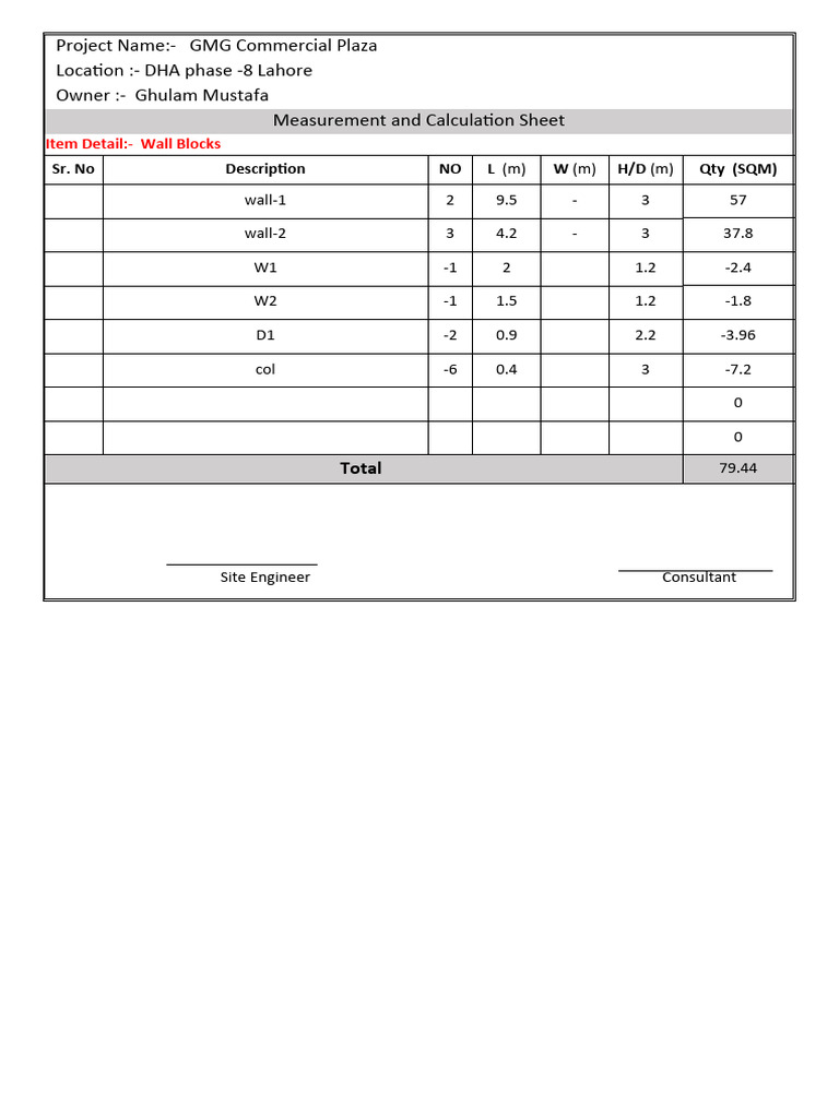 Qty Calculation Sheet - Blocks & Bricks | PDF | Brick | Mortar (Masonry)
