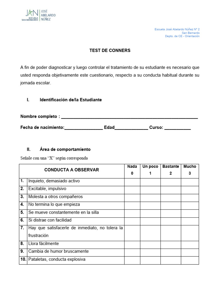 Test de Conners para Evaluación Escolar | PDF | Crecimiento personal y ...