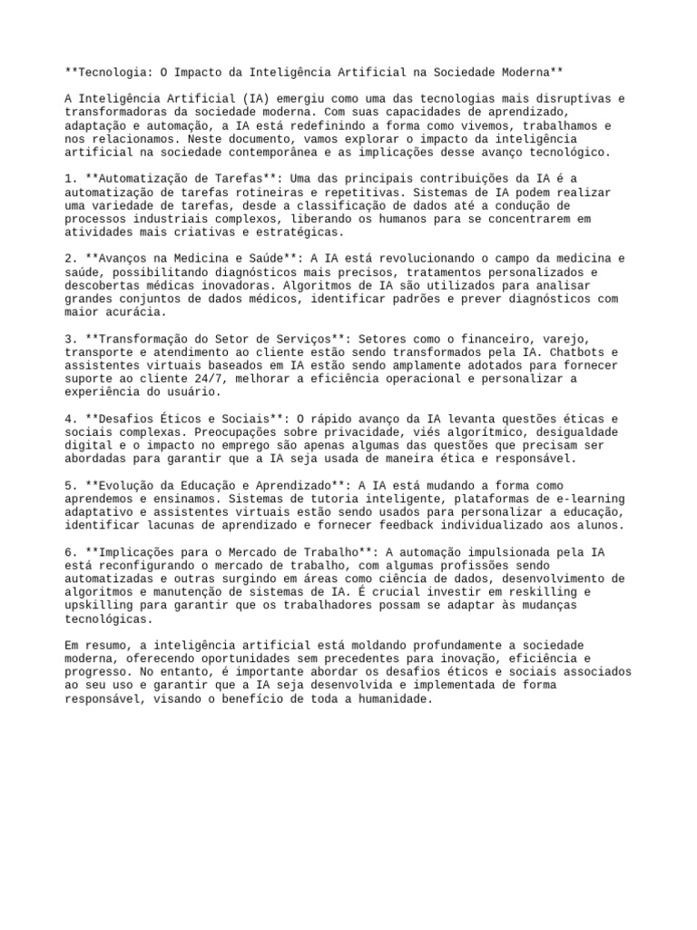 Impactos da IA na Sociedade Moderna | PDF | Inteligência artificial ...