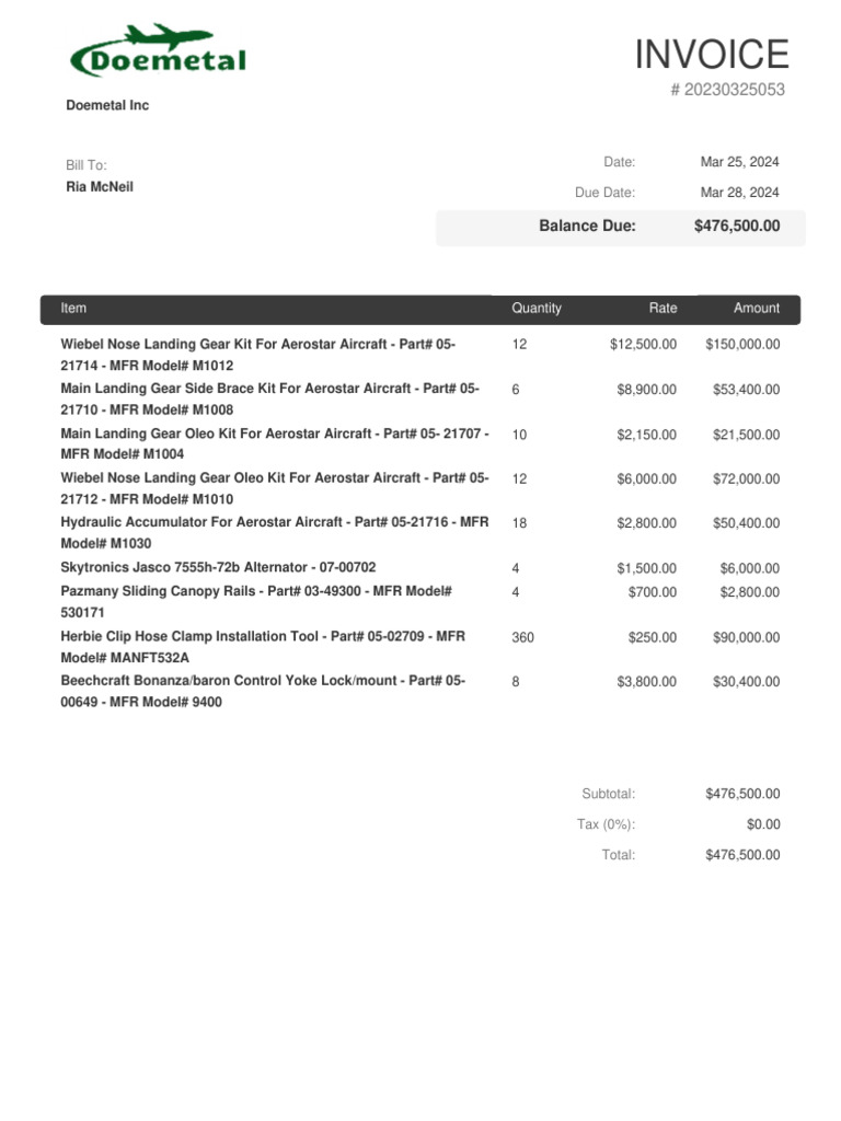 Invoice for Aerostar Aircraft Parts | PDF