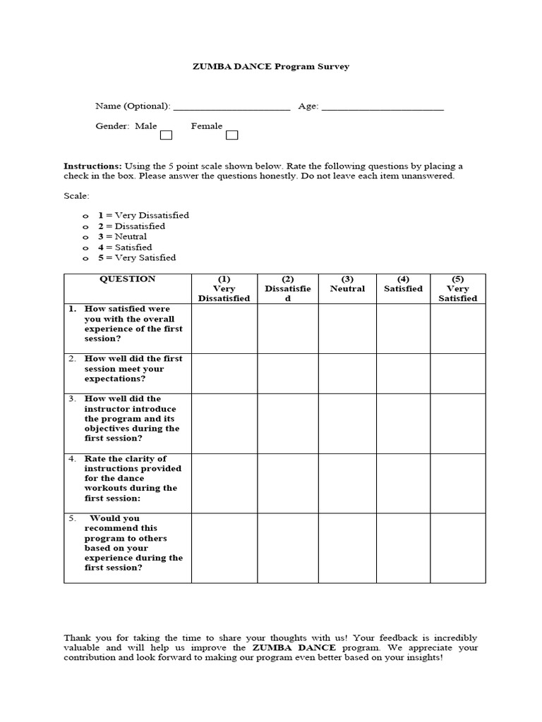 Zumba Dance Program Feedback Survey | PDF