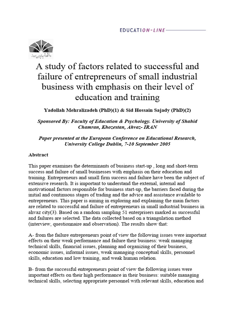 A Study of Factors Related To Successful and Failure of Entrepreneurs ...
