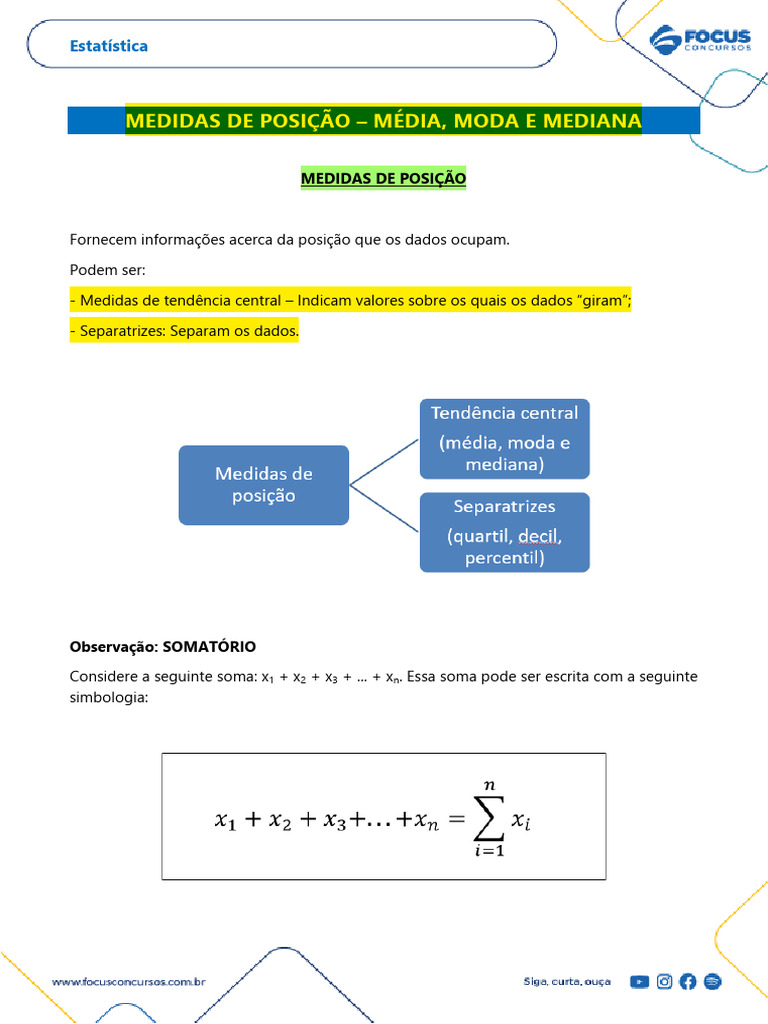 Medidas de Posição em Estatística: Média, Moda e Mediana | PDF | Média ...