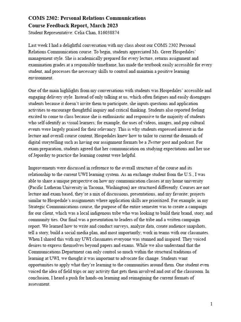 COMS 2302 - Course Feedback | PDF | Communication | Learning