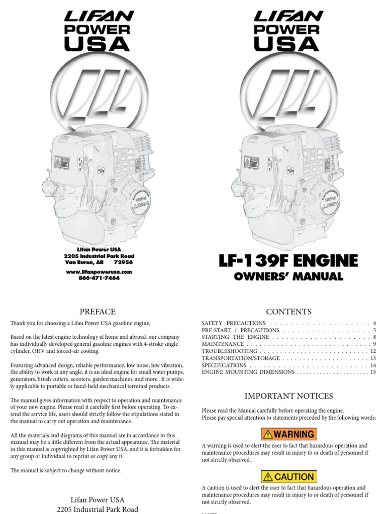 Lf-139F Engine: Owners' Manual | PDF | Gasoline | Motor Oil