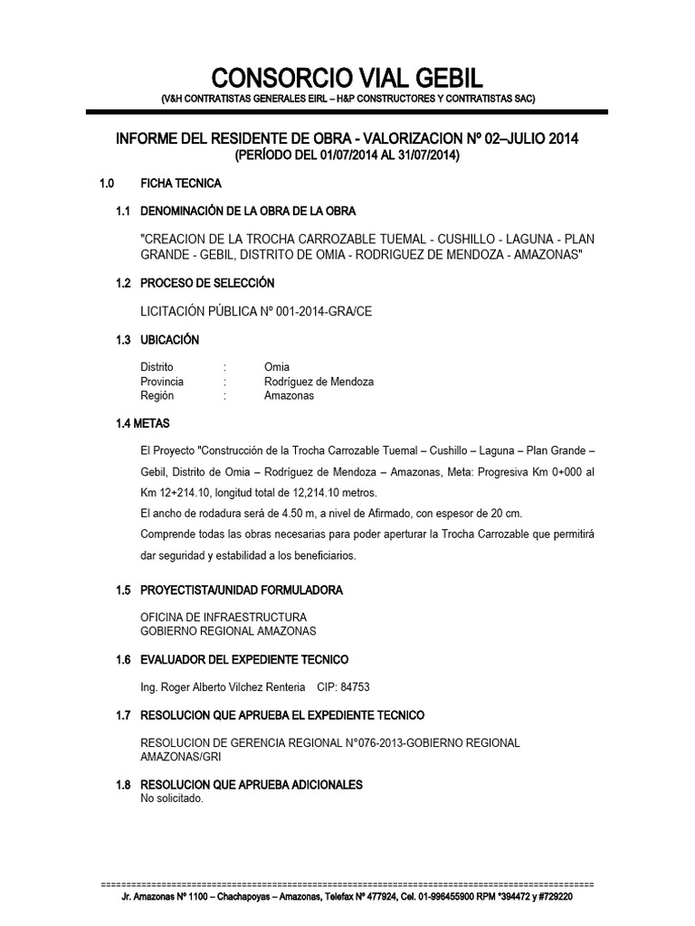 Informe de Residente de Obra Val.02 JULIO 2014 GEBIL | PDF | Finanzas y ...