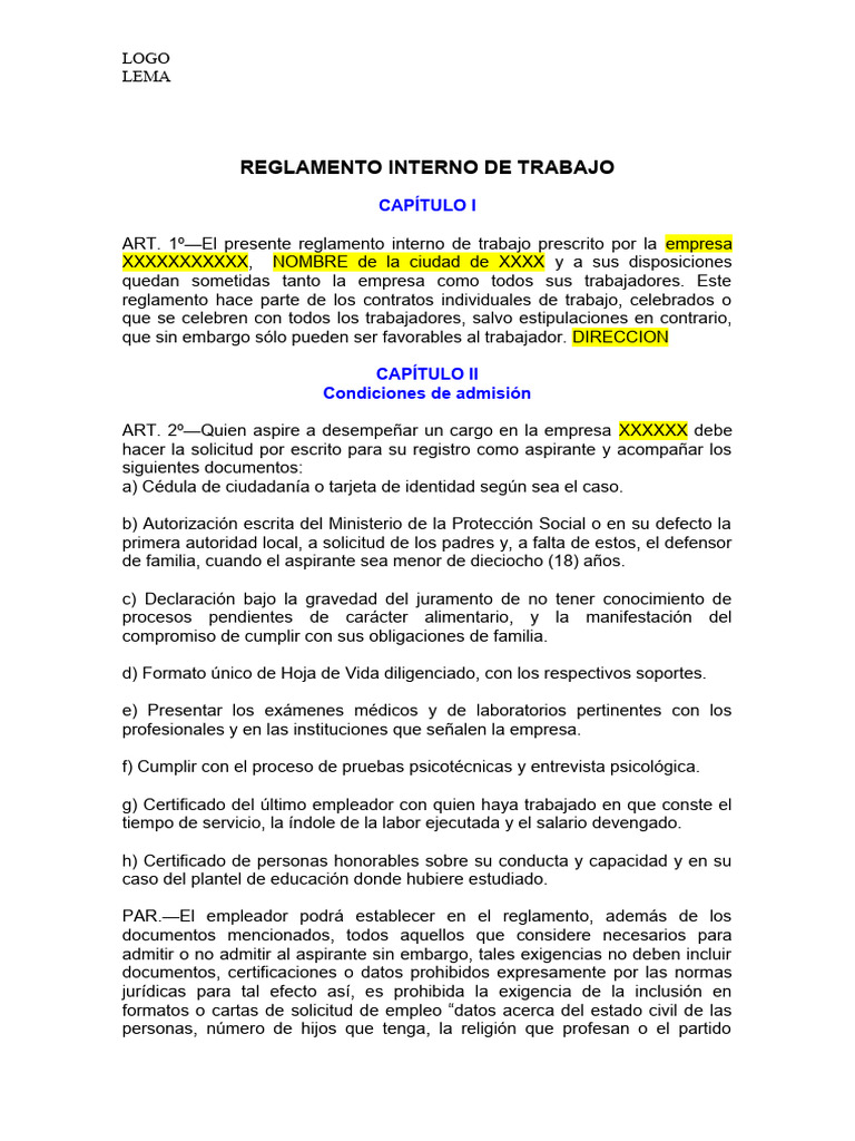 Documento Reglamento Interno de Trabajo | PDF | Salario | Derecho laboral