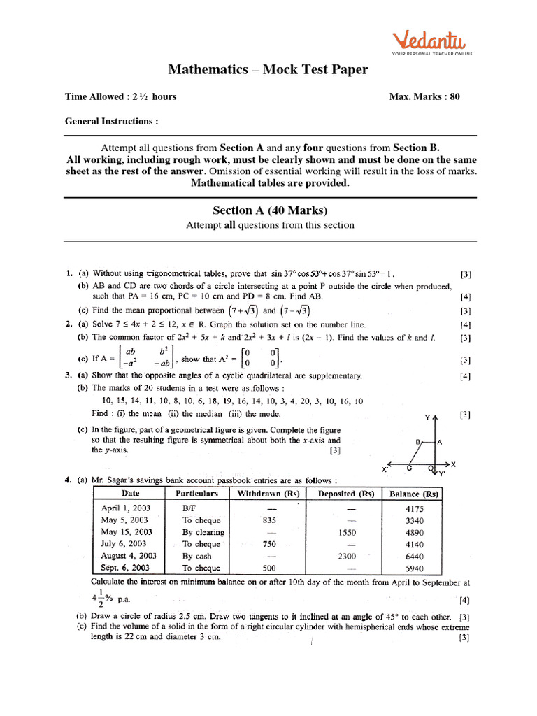 Mathematics Mock Test Paper 80 Marks | PDF | Teaching Methods & Materials