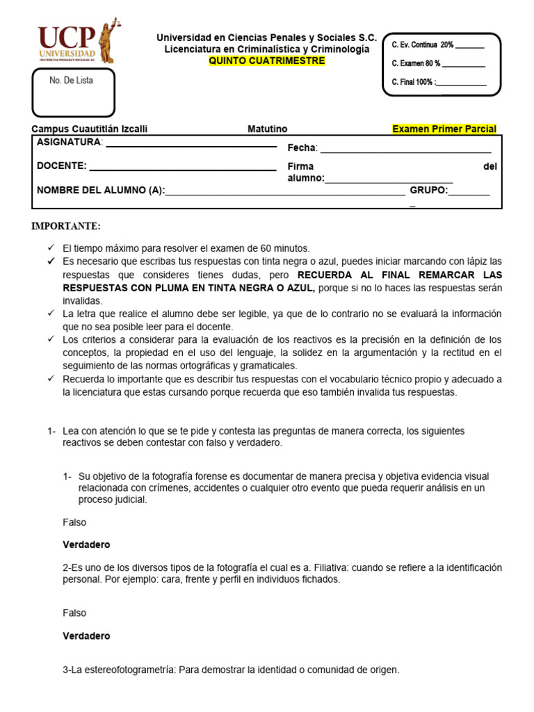 Fotografia Forense Primer Parcial 5to Cuatrimestre Criminalistica Y