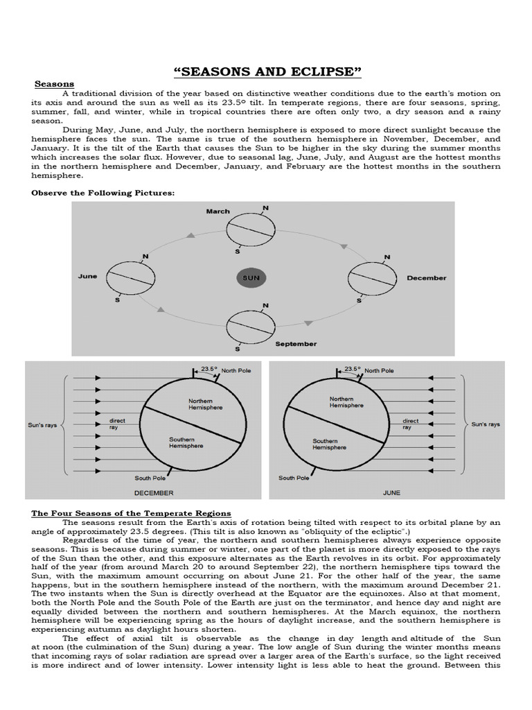 Seasons and Eclipses Explained | PDF | Solar Eclipse | Moon