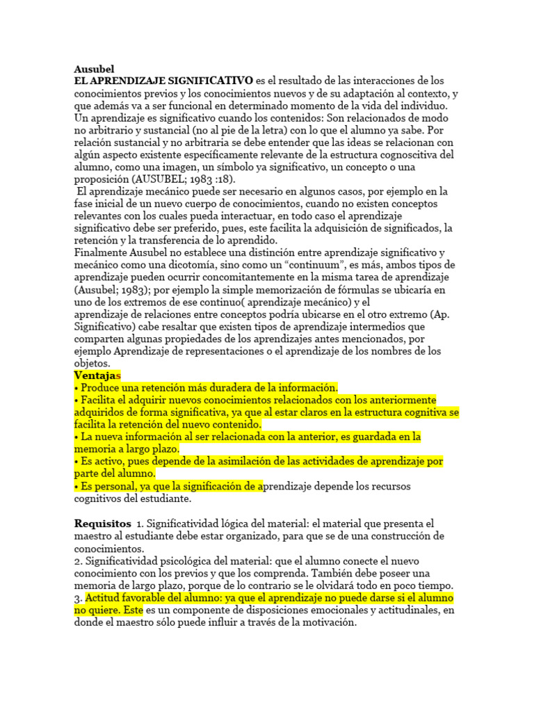 Aprendizaje Significativo según Ausubel | PDF | Aprendizaje | Ciencia ...