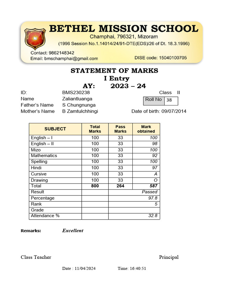 Statement of Marks I Entry AY 2023 24 PDF