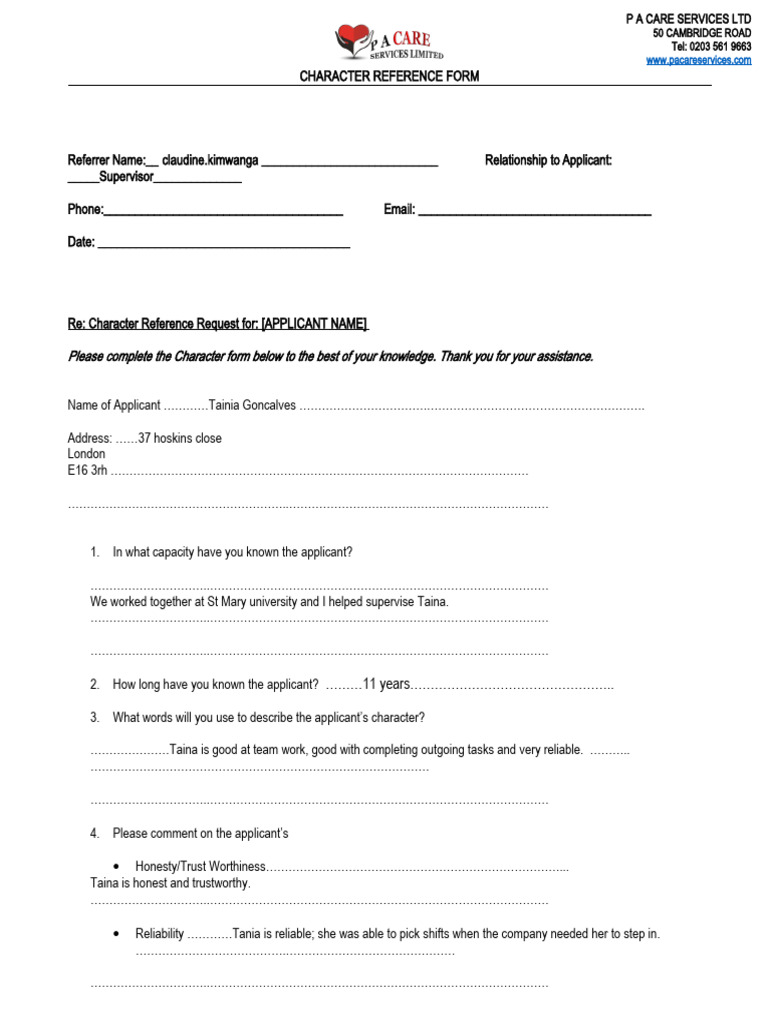 Character Reference Form | PDF