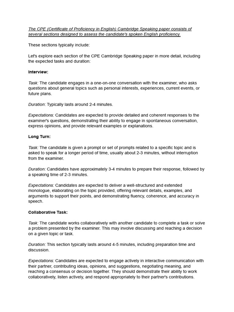 CPE Speaking Paper Overview | PDF | Cognition | Communication