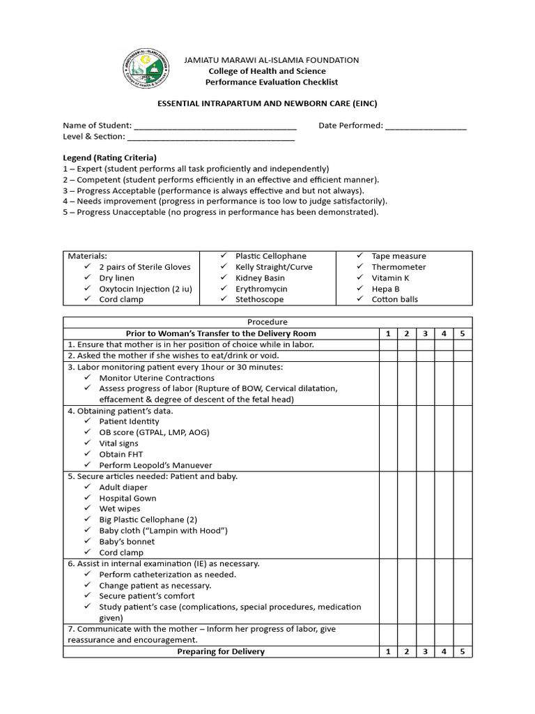 EINC Performance Evaluation Checklist | PDF | Childbirth | Breastfeeding