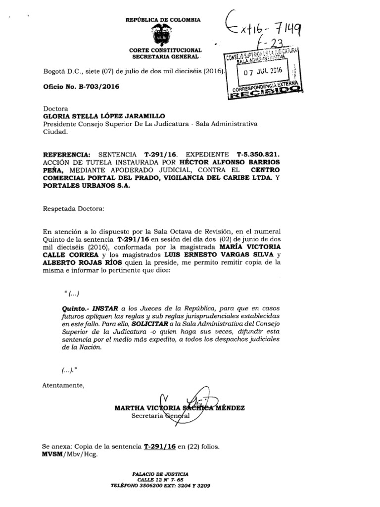 SENTENCIA T-291_16 - CLASE 10 DE MARZO | PDF