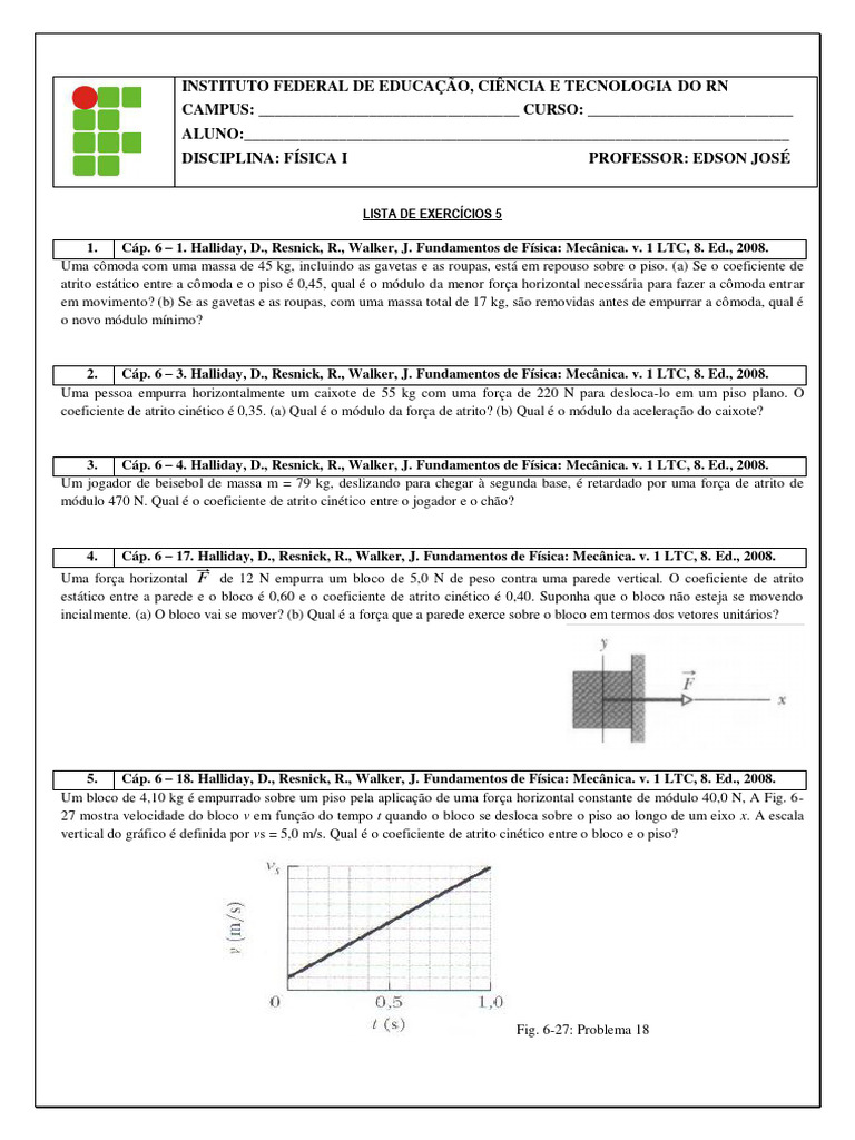 Lista de Exercícios de Física I | PDF | Atrito | Massa
