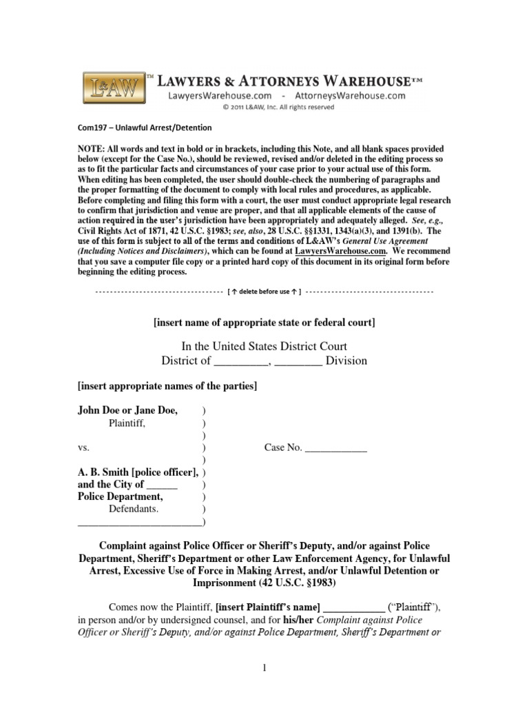 Unlawful Arrest and Detention Complaint | PDF | Damages | Legal Remedy