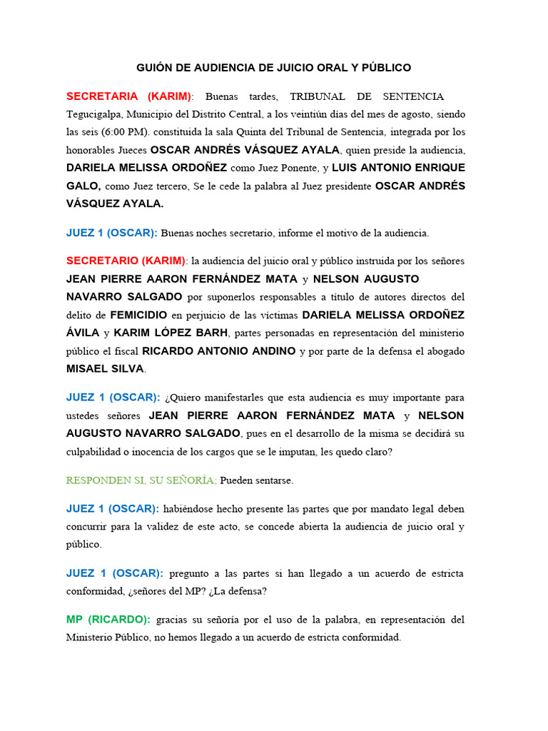 Guión de Audiencia de Juicio Oral y Público - Femicidio | PDF | Testigo ...