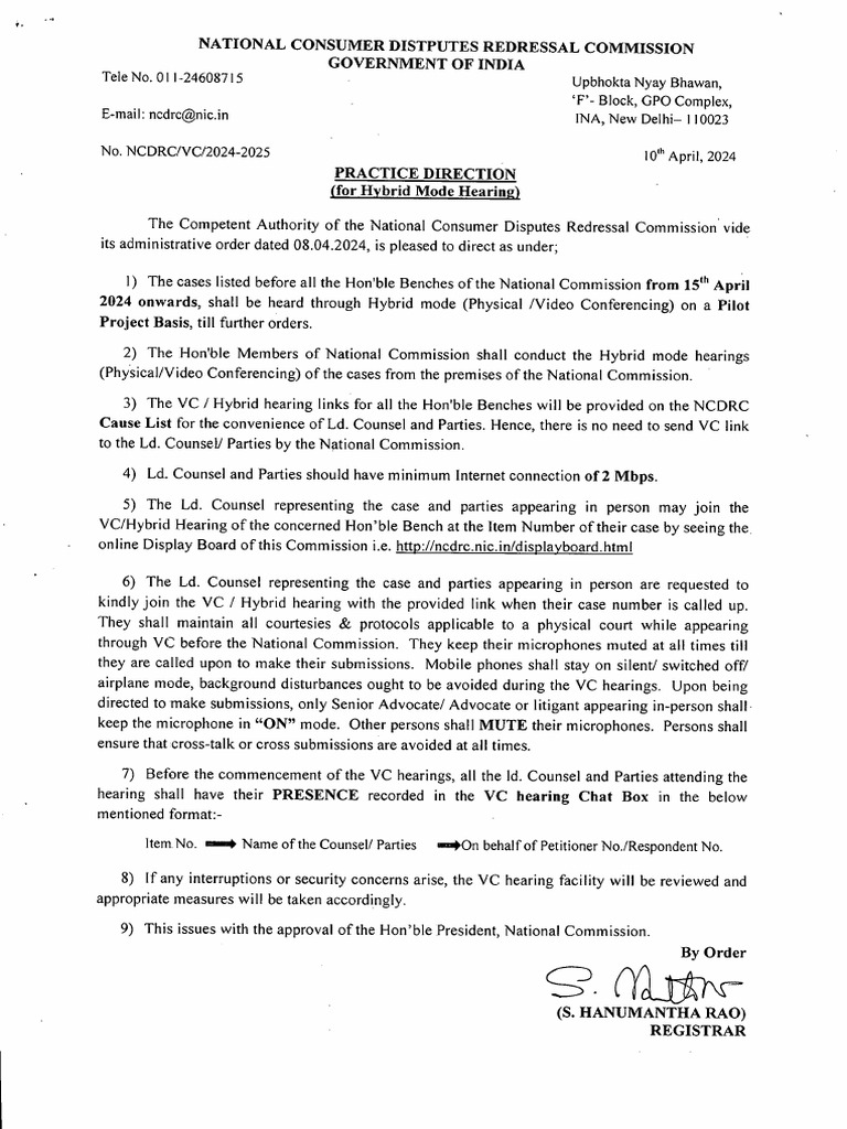 NCDRC Hybrid Hearing Practice Direction | PDF | Law